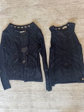 Roberto Cavalli Black Crochet Knit Tank & Cardigan Set